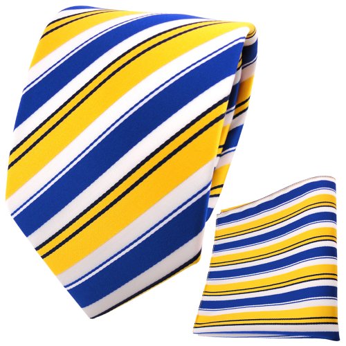 TigerTie Designer Krawatte Designer Einstecktuch in gelb blau weiss schwarz gestreift von TigerTie