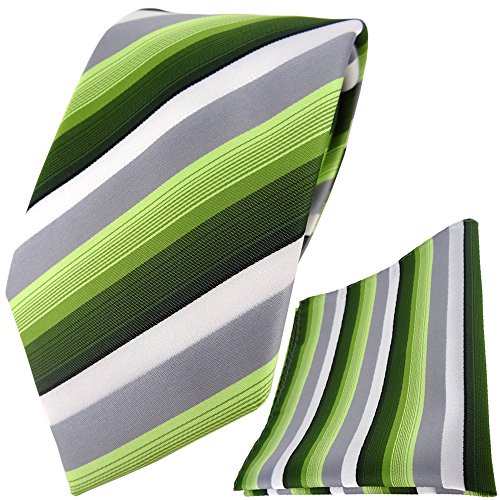 TigerTie Designer Krawatte Designer Einstecktuch in grün dunkelgrün grau weiss gestreift von TigerTie