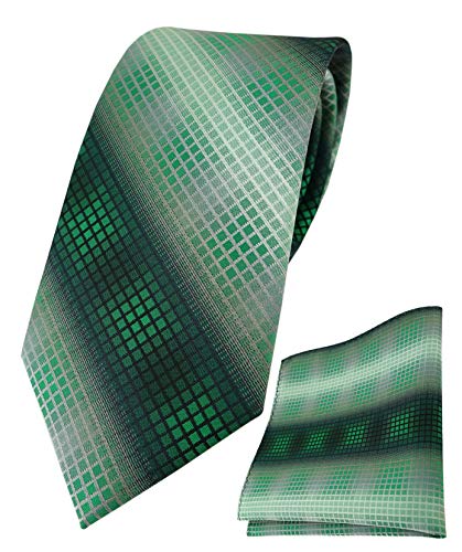 TigerTie Designer Krawatte Designer Einstecktuch in grün dunkelgrün silber grau schwarz kariert - Krawattenbreite 8 cm von TigerTie
