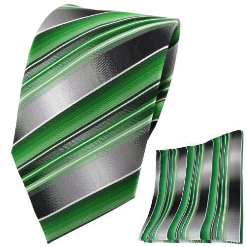 TigerTie Designer Krawatte Designer Einstecktuch in grün smaragdgrün silber anthrazit grau gestreift von TigerTie