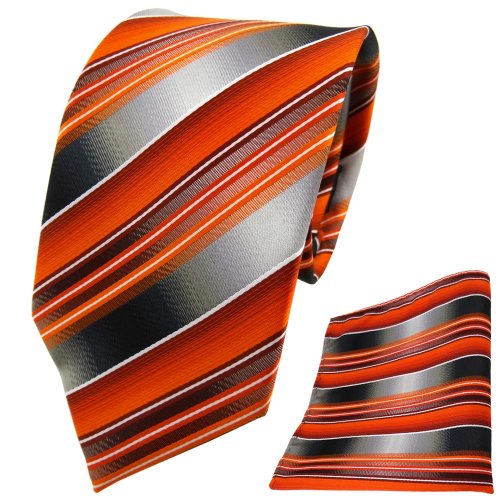 TigerTie Designer Krawatte Designer Einstecktuch in orange anthrazit silber grau gestreift TigerTie Designer Krawatte Designer Einstecktuch in orange anthrazit silber grau gestreift von TigerTie