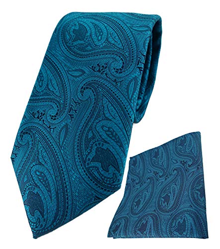 TigerTie Designer Krawatte Designer Einstecktuch in petrol schwarz Paisley gemustert von TigerTie