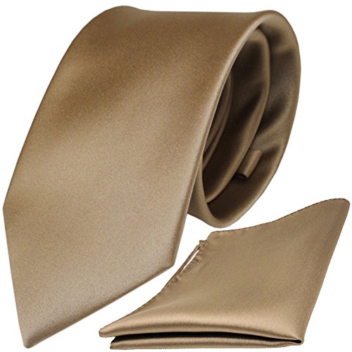 TigerTie Designer Krawatte Einstecktuch in braun goldbraun einfarbig uni von TigerTie