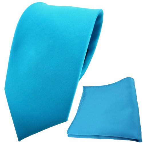 TigerTie Designer Krawatte Einstecktuch in türkis türkisblau wasserblau einfarbig uni von TigerTie