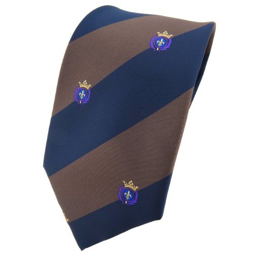 TigerTie Designer Krawatte in braun dunkelbraun dunkelblau gestreift mit Wappenmuster von TigerTie