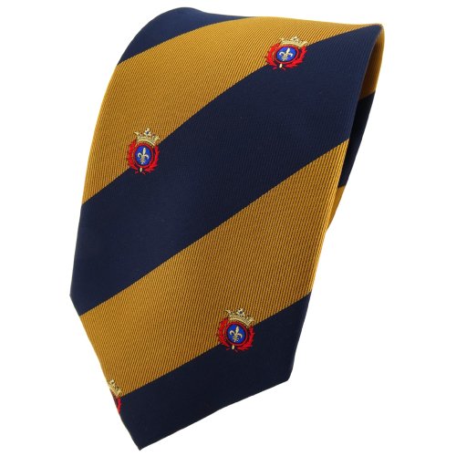 TigerTie Designer Krawatte in gold goldbraun dunkelblau gestreift mit Wappenmuster TigerTie Designer Krawatte in gold goldbraun dunkelblau gestreift mit Wappenmuster von TigerTie