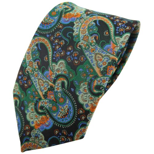 TigerTie Designer Krawatte in grün dunkelgrün orange blau Paisley gemustert von TigerTie