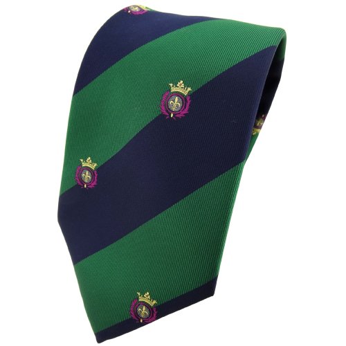 TigerTie Designer Krawatte in grün laubgrün dunkelblau gestreift mit Wappenmuster von TigerTie
