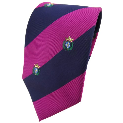 TigerTie Designer Krawatte in lila violett pupur dunkelblau gestreift mit Wappenmuster von TigerTie