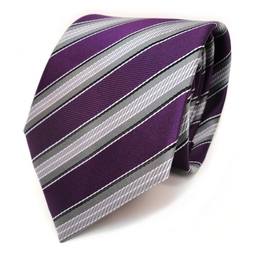 TigerTie Designer Krawatte in lila violett purpur grau silber schwarz gestreift von TigerTie