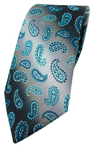 TigerTie Designer Krawatte in türkis anthrazit grausilber Paisley gemustert von TigerTie