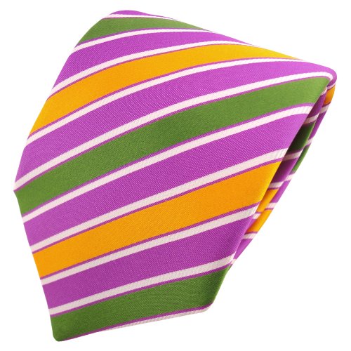 TigerTie Designer Satin Krawatte violett lila grün gelb dunkelgelb weiß gestreift - Binder Tie von TigerTie