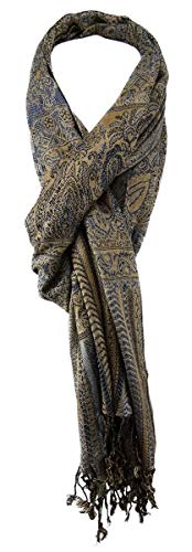 TigerTie Designer Schal in blau gold schwarz gemustert mit Fransen - Gr. 180 x 50 cm von TigerTie