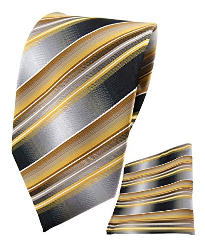 TigerTie Designer Seidenkrawatte + Seideneinstecktuch in gold gelb grau silber weiß gestreift - Krawatte 100% Seide von TigerTie