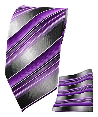 TigerTie Designer Seidenkrawatte + Seideneinstecktuch in lila flieder grau silber gestreift - Krawatte 100% Seide TigerTie Designer Seidenkrawatte + Seideneinstecktuch in lila flieder grau silber gestreift - Krawatte 100% Seide von TigerTie
