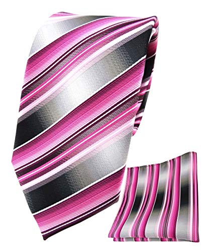 TigerTie Designer Seidenkrawatte + Seideneinstecktuch in rosa pink magenta grau silber gestreift - Krawatte 100% Seide TigerTie Designer Seidenkrawatte + Seideneinstecktuch in rosa pink magenta grau silber gestreift - Krawatte 100% Seide von TigerTie