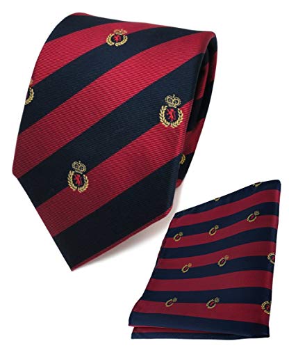 TigerTie Designer Seidenkrawatte + Seideneinstecktuch in rot blau royal gold gestreift - Wappenmuster von TigerTie