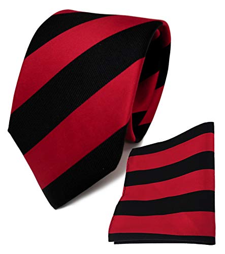 TigerTie Designer Seidenkrawatte + Seideneinstecktuch in rot verkehrsrot schwarz gestreift - Krawatte 100% Seide von TigerTie
