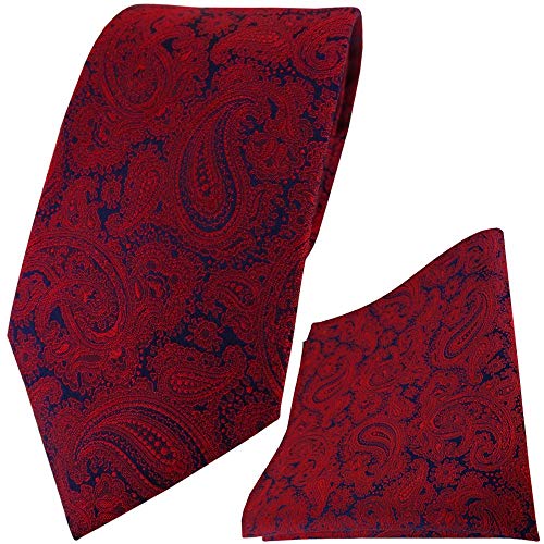 TigerTie Designer Seidenkrawatte + Seideneinstecktuch in weinrot schwarzblau Paisley gemustert - 100% reine Seide von TigerTie