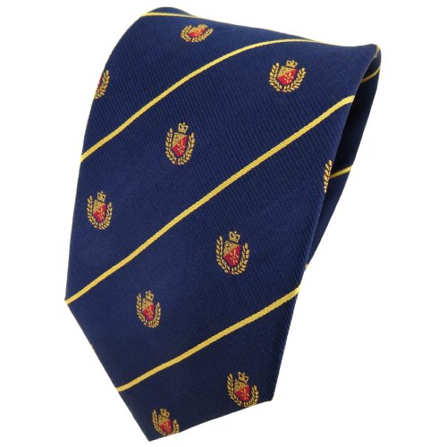 TigerTie Designer Seidenkrawatte in blau gold rot dunkelblau gestreift mit Wappen von TigerTie