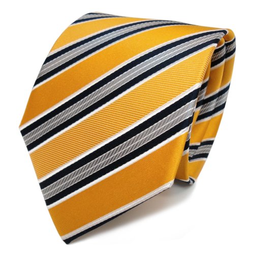 TigerTie Designer Seidenkrawatte in gelb goldgelb grau blau weiß gestreift von TigerTie