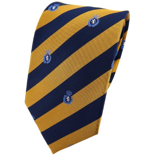 TigerTie Designer Seidenkrawatte in gold blau dunkelblau silber gestreift mit Wappen von TigerTie