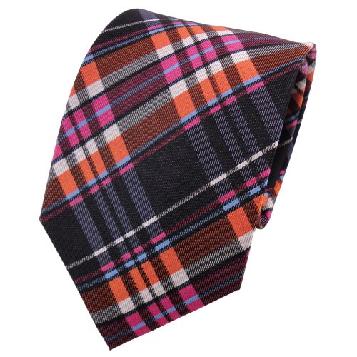 TigerTie Designer Seidenkrawatte in orange rosa anthrazit silber blau kariert von TigerTie