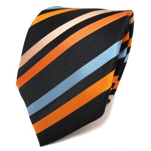 TigerTie Designer Seidenkrawatte in orange schwarz blau lachs gestreift von TigerTie