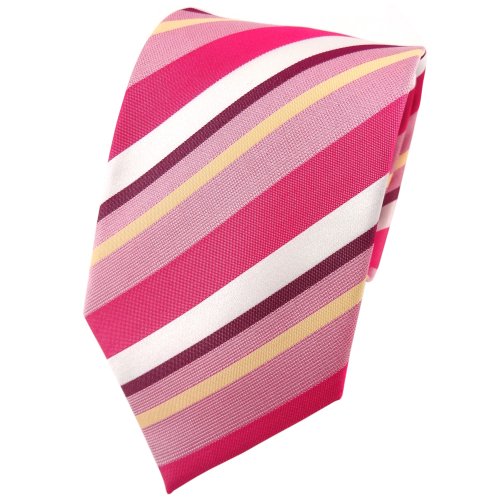 TigerTie Designer Seidenkrawatte in rosa pink rosé gelb weiß gestreift von TigerTie