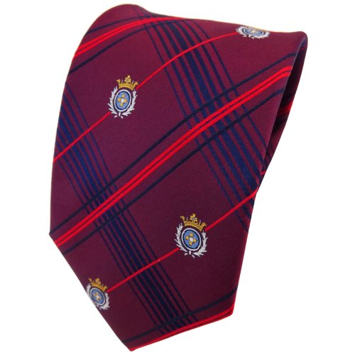 TigerTie Designer Seidenkrawatte in rot bordeaux blau kariert Wappen silber gold von TigerTie