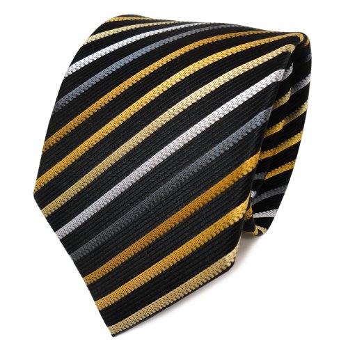 TigerTie Designer Seidenkrawatte in schwarz gold gelb silber grau gestreift von TigerTie