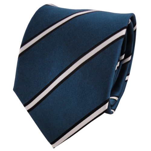TigerTie Designer Seidenkrawatte in türkis ozeanblau silber schwarz gestreift von TigerTie