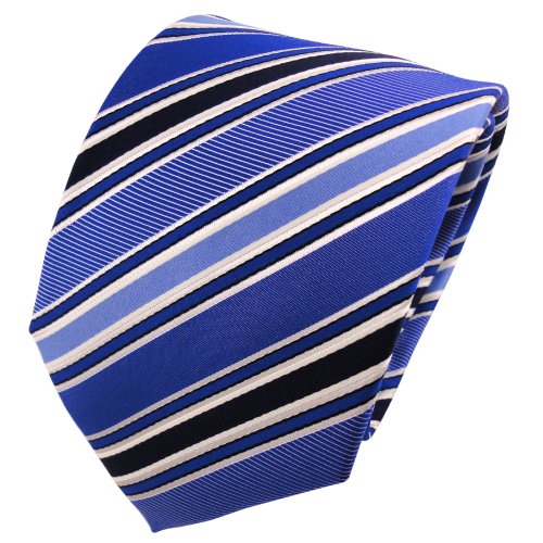 TigerTie Designer Seidenkrawatte in ultramarinblau blau schwarz silberweiss gestreift von TigerTie