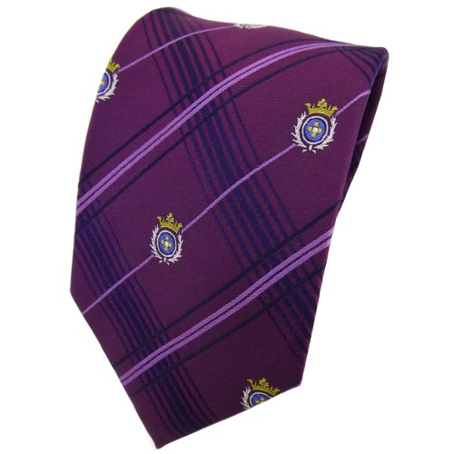TigerTie Designer Seidenkrawatte in violett lila blau kariert Wappen in silber gold von TigerTie