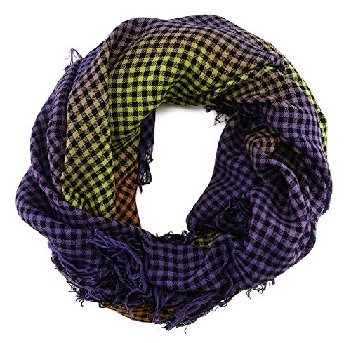 TigerTie Halstuch in gelb orange lila schwarz kariert mit Fransen - Größe 90 x 90 cm von TigerTie