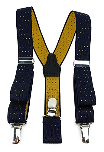 TigerTie Kinder Hosenträger in Y-Form mit 3 extra starken Clips - Farbe in dunkelblau marine gold gepunktet - hochwertige Verarbeitung - Breite 25 mm von TigerTie