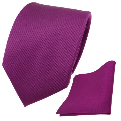 TigerTie Krawatte + Einstecktuch magenta fuchsia violett Uni Rips - Binder Tuch von TigerTie