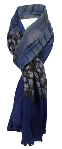 TigerTie - Schal blau dunkelblau dunkelbraun grau lila grün gemustert mit Totenkopf-Motiven - Größe 180 x 95 cm von TigerTie