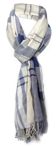TigerTie - Schal in blau dunkelblau creme kariert mit Fransen - Gr. 180 x 50 cm - Halstuch von TigerTie