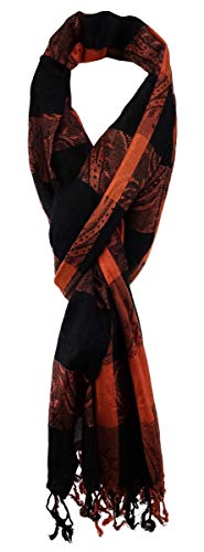 TigerTie Schal kupfer koralle schwarz Karomuster mit Paisley mit Fransen - Größe 190 x 70 cm von TigerTie