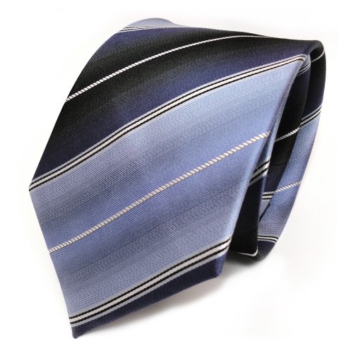 TigerTie Schicke Seidenkrawatte blau hellblau dunkelblau schwarz silber gestreift - Krawatte 100% Seide von TigerTie