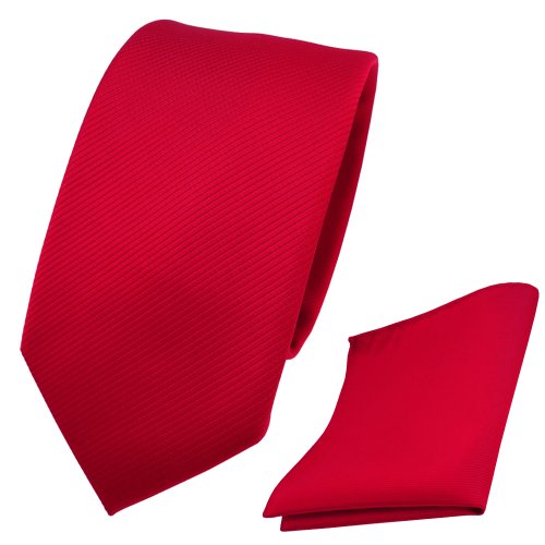 TigerTie - schmale Designer Krawatte + Einstecktuch rot verkehrsrot knallrot Uni Rips - Binder Tuch von TigerTie