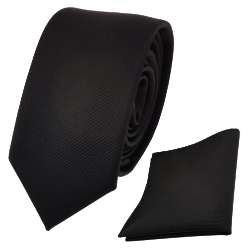 TigerTie - schmale Designer Krawatte + Einstecktuch schwarz Uni Rips - Binder Tuch von TigerTie