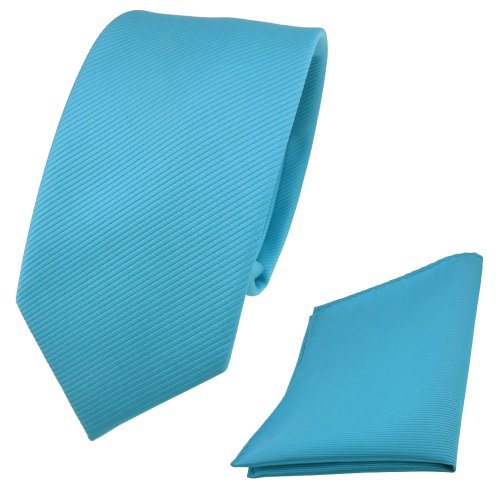 TigerTie - schmale Designer Krawatte + Einstecktuch türkis türkisblau Uni Rips - Binder Tuch von TigerTie