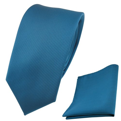 TigerTie - schmale Designer Krawatte + Einstecktuch türkis wasserblau türkisblau Uni Rips - Binder Tuch von TigerTie