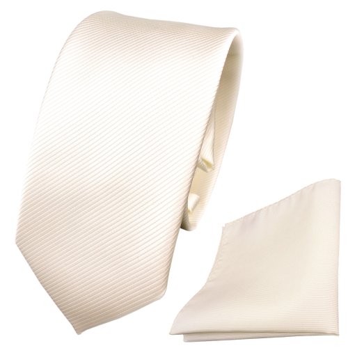 TigerTie - schmale Designer Krawatte + Einstecktuch weiß perlweiß creme cremeweiß Uni Rips - Binder Tuch von TigerTie