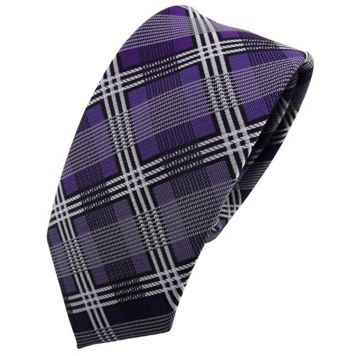 TigerTie Schmale Designer Krawatte lila dunkellila silber grau schwarz kariert - Schlips Tie von TigerTie