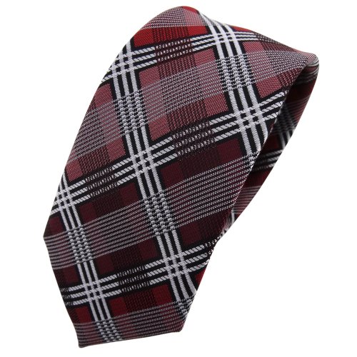 TigerTie Schmale Designer Krawatte rot bordeaux silber grau schwarz kariert - Schlips Tie von TigerTie