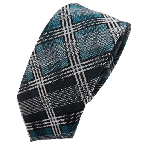 TigerTie Schmale Designer Krawatte türkis silber grau schwarz kariert - Schlips Tie von TigerTie
