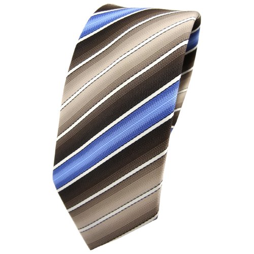 TigerTie - schmale Designer Krawatte in braun beigebraun blau creme gestreift von TigerTie